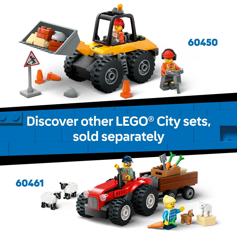 LEGO City Fire Ladder Truck set 60463 featuring yellow and black fire truck with extendable ladder, two minifigures in orange firefighter uniforms, traffic cones, warning sign and accessories on white background