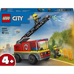 LEGO City Fire Engine set 60463 featuring a red and gray fire truck with extending yellow ladder, two firefighter minifigures in yellow helmets, and flame accessories on blue product packaging