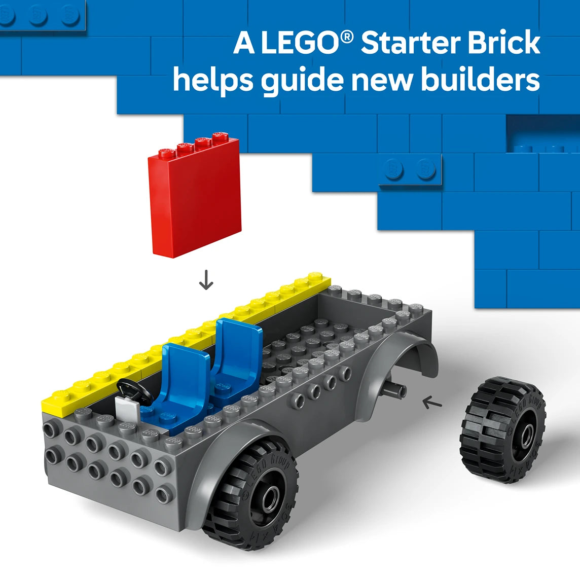 LEGO Fire Ladder Truck 60463 set showing red starter brick at top and completed gray truck model with blue cab, yellow ladder rails, black wheels and gray studs, demonstrating assembly progression for new builders