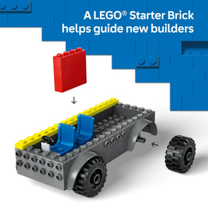 LEGO Fire Ladder Truck 60463 set showing red starter brick at top and completed gray truck model with blue cab, yellow ladder rails, black wheels and gray studs, demonstrating assembly progression for new builders
