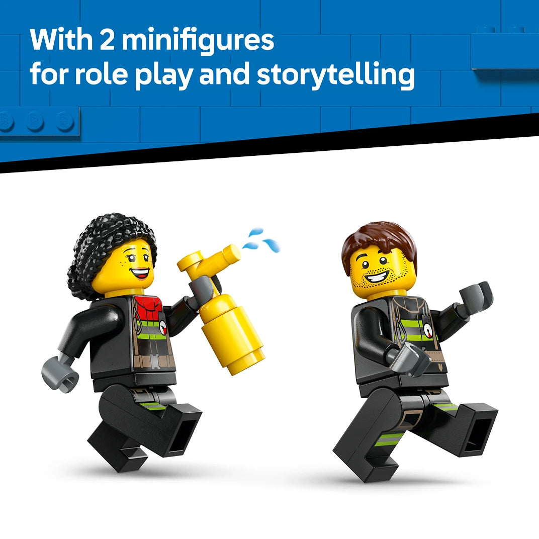 Two LEGO minifigures with yellow faces in black firefighter uniforms with neon green stripes, one holding a yellow water cannon accessory, posed in dynamic action stances against a blue LEGO brick background with text highlighting included minifigures for role play and storytelling