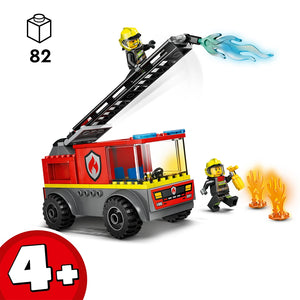 LEGO City Fire Ladder Truck 60463 set with 82 pieces featuring red fire engine vehicle with extending black ladder, two firefighter minifigures in yellow helmets, water stream element, and flame accessories on white background