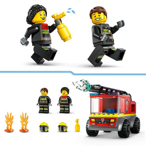 LEGO City Fire Ladder Truck 60463 set showing two yellow minifigures in black firefighter uniforms, red and gray fire truck with extending ladder and water spray function, two additional minifigures, yellow helmets, orange flame pieces and yellow water extinguisher accessories