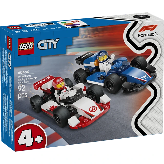 LEGO City Formula 1 Williams Racing and Haas F1 Race Cars set 60464 featuring two buildable race cars in red and white and blue and white with minifigures on grey racing track background 92 pieces ages 4+