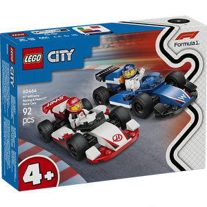 LEGO City Formula 1 Williams Racing and Haas F1 Race Cars set 60464 featuring two buildable race cars in red and white and blue and white with minifigures on grey racing track background 92 pieces ages 4+