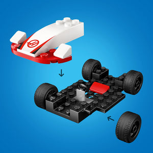 LEGO Speed Champions F1 race car set showing red and white Williams Racing car model on top and black Haas F1 car chassis with large black wheels below, demonstrating assembly instructions on blue background