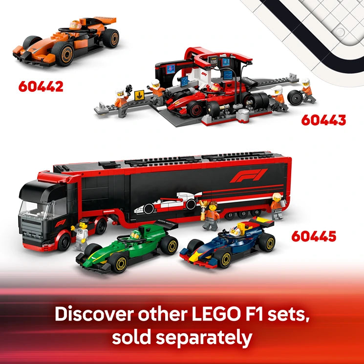 LEGO F1 Williams Racing and Haas F1 Race Cars set 60464 featuring two buildable Formula 1 racing cars in green and blue with a red and black hauler truck, minifigures and racing accessories, displayed with other LEGO F1 sets 60442, 60443 and 60445