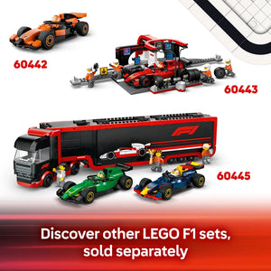 LEGO F1 Williams Racing and Haas F1 Race Cars set 60464 featuring two buildable Formula 1 racing cars in green and blue with a red and black hauler truck, minifigures and racing accessories, displayed with other LEGO F1 sets 60442, 60443 and 60445