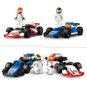 LEGO F1 racing set featuring Williams and Haas Formula 1 cars with minifigures, displaying red and white Haas car, blue and white Williams car, two articulated LEGO drivers in racing helmets and suits, detailed plastic construction with racing livery and black wheels, set 60464