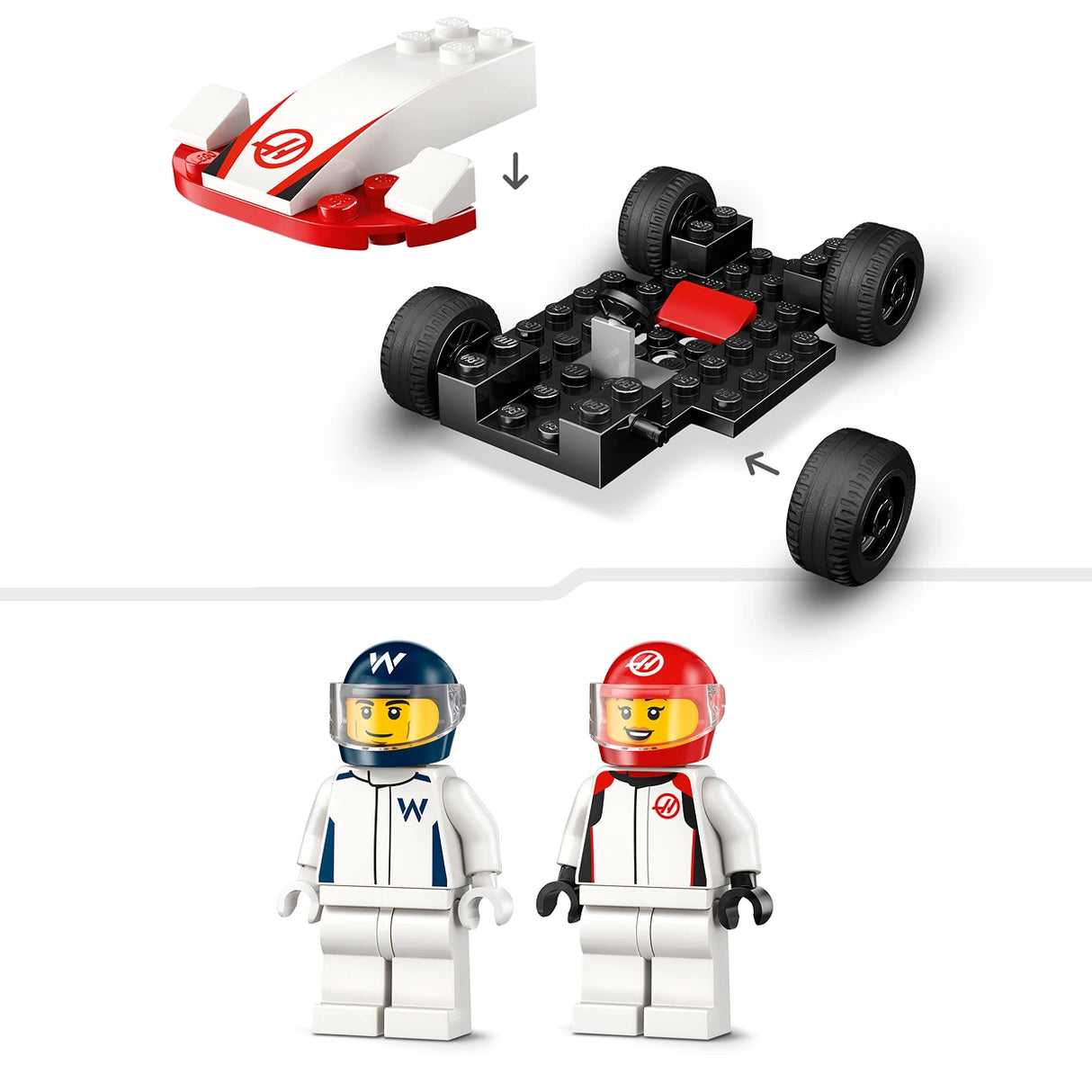 LEGO F1 racing set 60464 showing red and white Williams and Haas Formula 1 car models with black wheels, white cockpit canopies, and two minifigures in racing suits with helmets in blue and red colorways