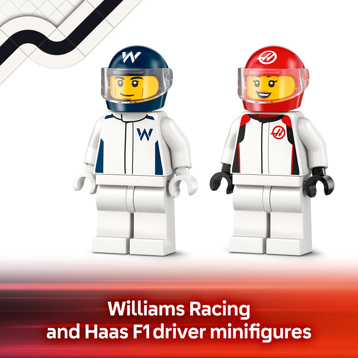 Two LEGO minifigures in F1 racing suits displayed side by side, left figure wearing blue and white Williams Racing helmet and suit with W logo, right figure wearing red and white Haas F1 helmet and suit with Haas logo, both with yellow faces and black hands, standing against white background with Williams Racing and Haas F1 driver minifigures text at bottom