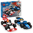 LEGO City Formula 1 racing set 60464 featuring red and white Williams F1 car and blue and white Haas F1 car with minifigure drivers, displayed with blue packaging box showing 92 pieces for ages 4+