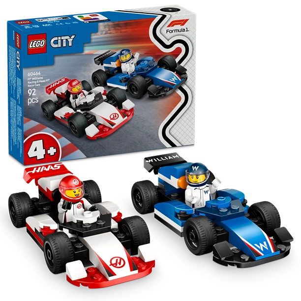 LEGO City Formula 1 racing set 60464 featuring red and white Williams F1 car and blue and white Haas F1 car with minifigure drivers, displayed with blue packaging box showing 92 pieces for ages 4+