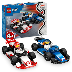 LEGO City Formula 1 racing set 60464 featuring red and white Williams F1 car and blue and white Haas F1 car with minifigure drivers, displayed with blue packaging box showing 92 pieces for ages 4+