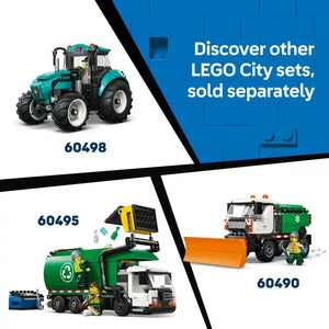 LEGO City Cement Mixer 60478 set featuring a white and green cement truck with rotating drum, two minifigures, and accessories, displayed alongside other LEGO City construction vehicles including a turquoise tractor 60498, recycling truck 60495, and snow plow truck 60490