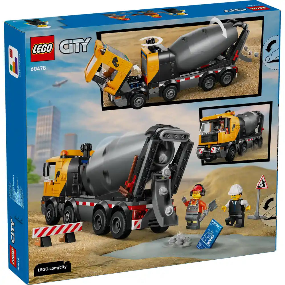 LEGO City Cement Mixer 60478 set featuring yellow and black articulated concrete truck with rotating drum mixer, two minifigures in hard hats, traffic cones, barrier, and instruction manual displayed on blue product box with construction site scene background