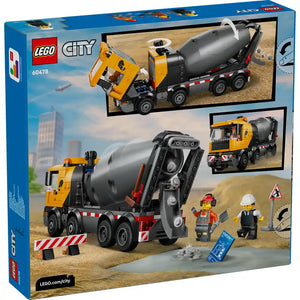LEGO City Cement Mixer 60478 set featuring yellow and black articulated concrete truck with rotating drum mixer, two minifigures in hard hats, traffic cones, barrier, and instruction manual displayed on blue product box with construction site scene background