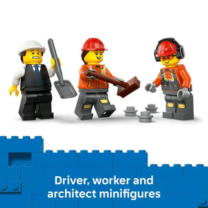 Three LEGO minifigures in construction attire - a driver in white hard hat and business suit holding a shovel, a worker in orange vest and red hard hat holding an axe, and a construction worker in orange vest with red hard hat and ear protection - displayed above blue LEGO bricks with gray concrete mixer drums, from LEGO City Cement Mixer set 60478