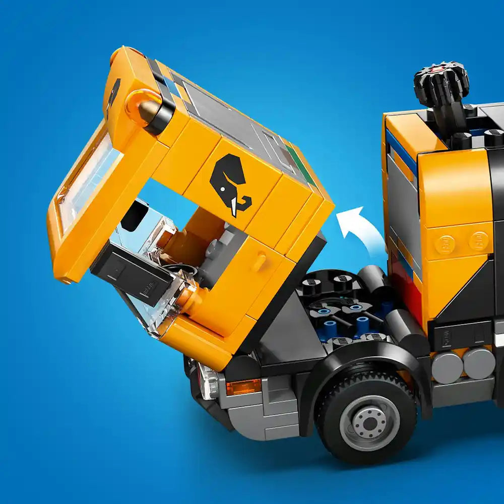 LEGO cement mixer set 60478 featuring yellow and gray construction vehicle with rotating drum mixer, black wheels, and articulated arm against blue background