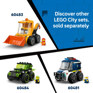 LEGO City Fire Truck set 60482 featuring a white and blue motorized fire engine with detailed cab, yellow and red accents, opening doors, and includes a minifigure firefighter, displayed alongside other LEGO City vehicle sets 60483 yellow bulldozer and 60484 green monster truck