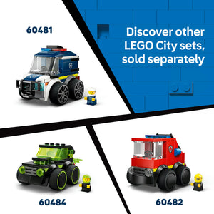 LEGO City Construction Loader set 60483 featuring a bright yellow and green buildable construction vehicle with large black wheels, accompanied by a yellow minifigure, displayed alongside related LEGO City vehicle sets 60481 police car and 60482 fire truck
