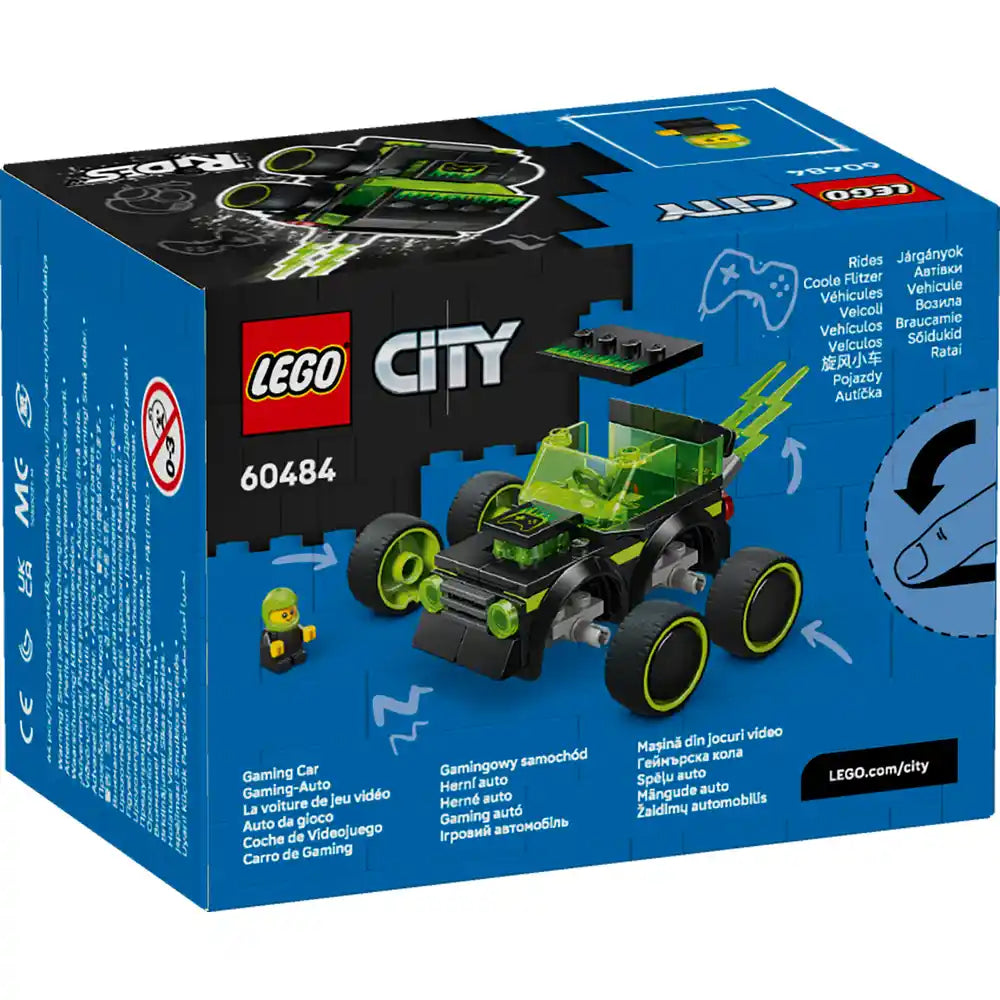 LEGO City Gaming Race Car set 60484 box featuring bright lime green and black buildable vehicle with oversized wheels, yellow accents, and minifigure, displayed against blue packaging with product number and gaming controller imagery