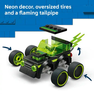 LEGO Technic Gaming Race Car 60484 building set featuring a neon lime green and black race car with oversized black tires with green rims, control pad with green neon details, and lightning bolt tailpipe decoration on blue brick background