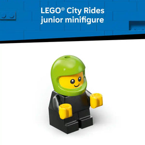 LEGO City Rides junior minifigure with bright lime green helmet, yellow smiling face, black torso with yellow arms and hands, displayed against blue LEGO brick background