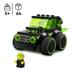 LEGO Rides Gaming Race Car 60484 building set featuring a neon green and black futuristic vehicle with large wheels, transparent cockpit canopy, four stud connectors on top, minifigure driver with yellow and green helmet, 64 pieces, ages 5 and up