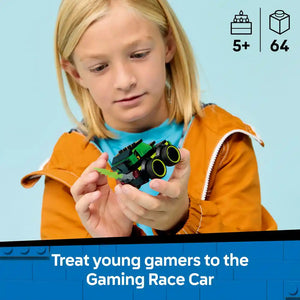 Young girl in orange and blue jacket holding green and black LEGO Gaming Race Car set 60484 against light blue background with age rating 5+ and 64 pieces shown top right