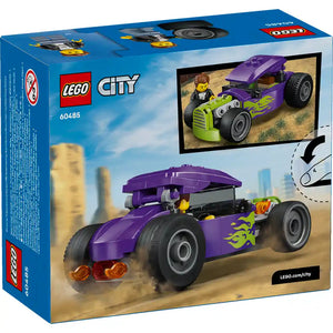 LEGO City Hot Rod 60485 set box showing purple and lime green custom hot rod with black wheels, opening canopy hood, minifigure driver, and desert background scene