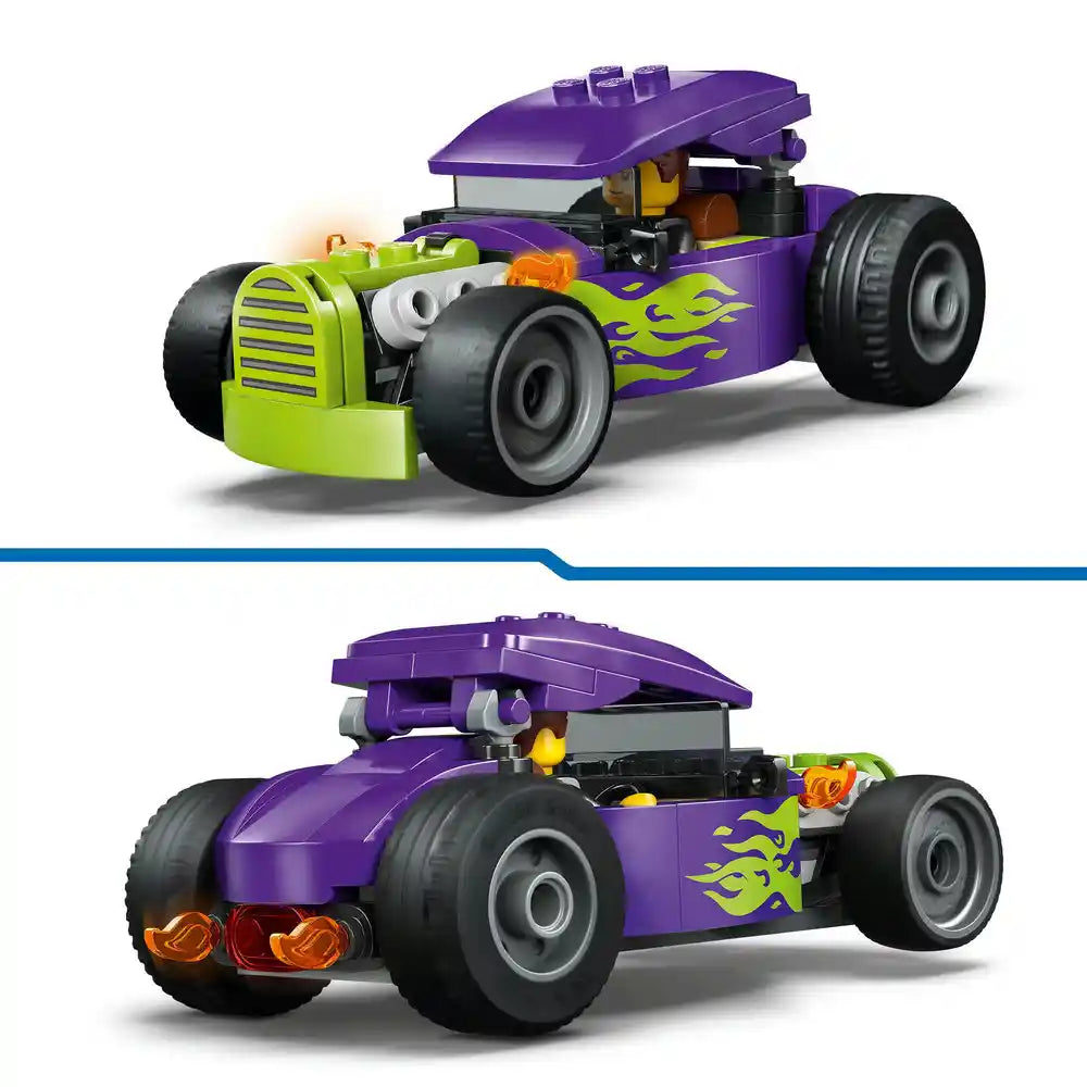 LEGO Hot Rod 60485 purple and lime green convertible sports car with flame decals shown from front and rear angles featuring black wheels and minifigure driver