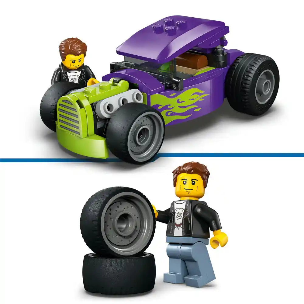LEGO Hot Rod 60485 set featuring purple and lime green custom hot rod vehicle with opening hood, black racing tires, and brown-haired minifigure in black jacket, plus additional minifigure and spare black tires