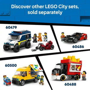 LEGO City Hot Rod set 60485 featuring a red and black sports car with minifigures, displayed alongside other LEGO City vehicle sets including police van 60479, luxury car 60486, food truck 60500, and fire truck 60488