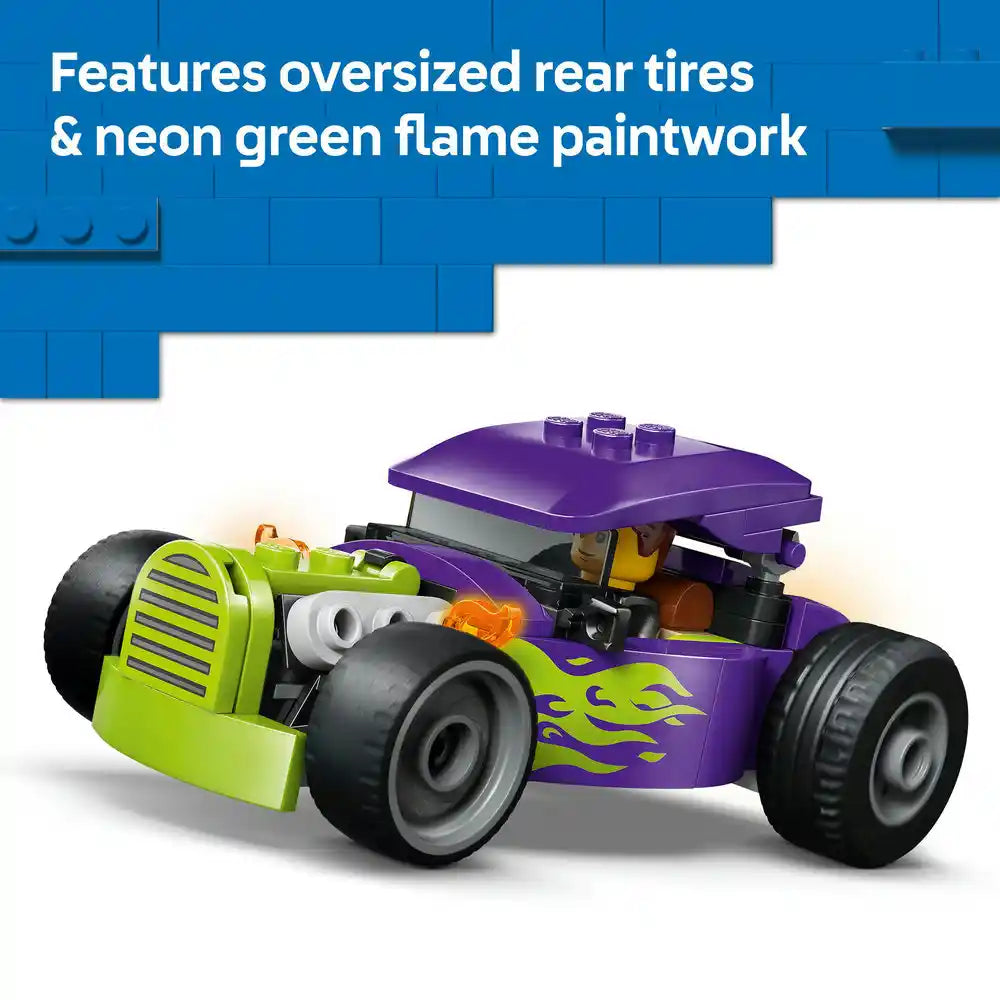 LEGO Hot Rod 60485 featuring a purple and neon green brick-built race car with oversized black rear tires, flame paintwork design, and a minifigure driver with purple roof canopy