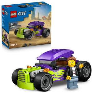 LEGO City Hot Rod 60485 set showing purple and lime green vintage-style car with flame details, includes minifigure driver, displayed with product box containing 81 pieces, recommended for ages 5 and up