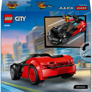LEGO City set 60486 EV Supercar featuring a red and black buildable sports car with minifigure, displayed on product packaging with transformation sequence showing the assembled model from multiple angles against a cityscape background