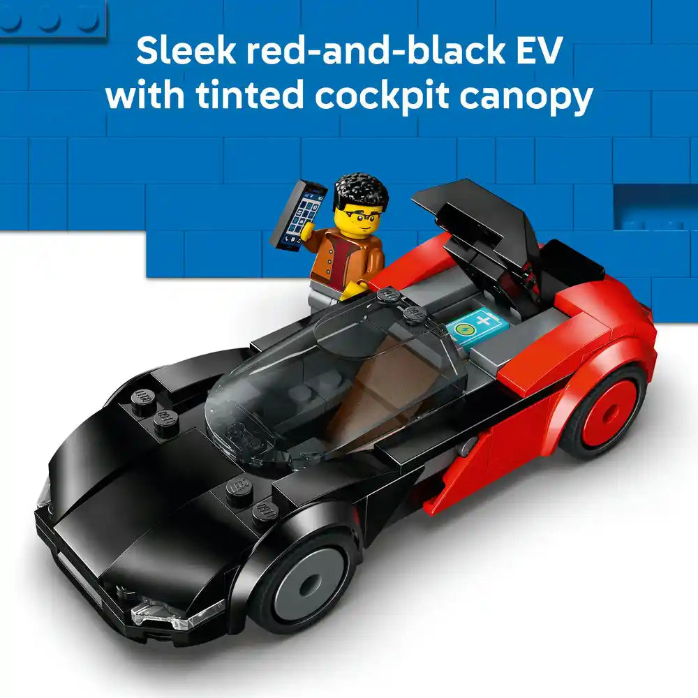 LEGO City EV Supercar 60486 set featuring a sleek red and black electric vehicle with tinted black cockpit canopy, includes a minifigure driver with brown jacket, detailed interior dashboard, and realistic sports car design