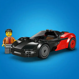 LEGO set 60486 EV Supercar featuring a black and red sports car with opening door and a yellow minifigure in brown jacket against a blue background