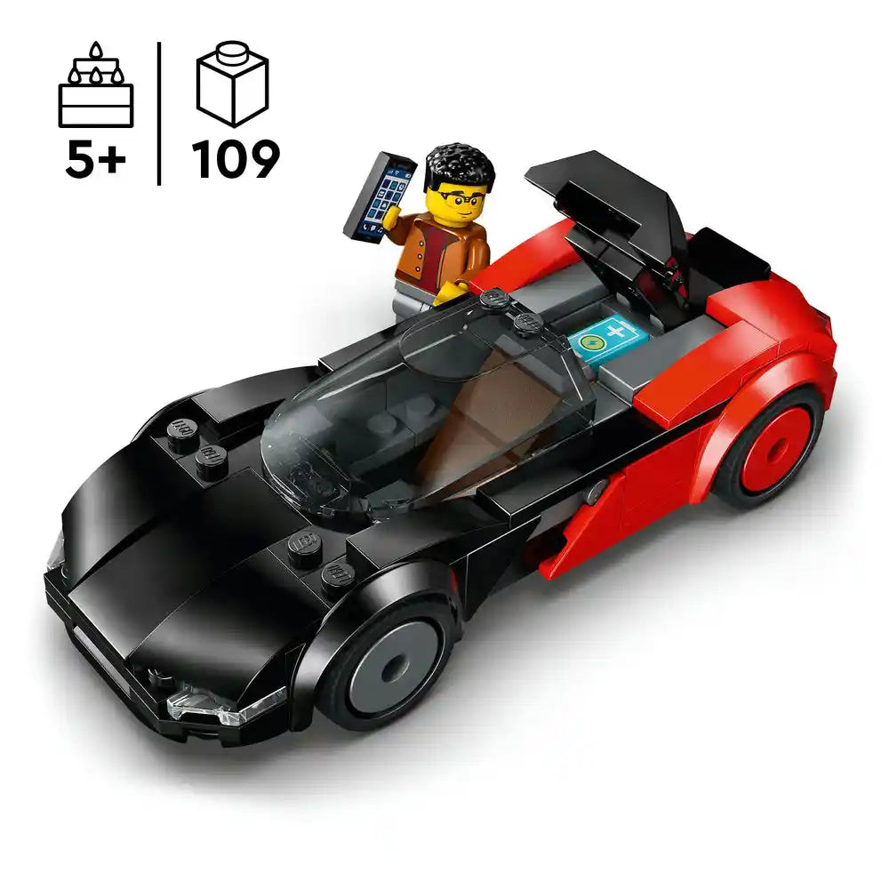 LEGO EV Supercar set 60486 featuring a black and red sports car with opening doors, a yellow minifigure holding a smartphone, and 109 pieces for ages 5 and up