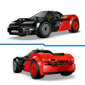 LEGO EV Supercar 60486 showing front and rear views of a black and red buildable sports car model with detailed brick construction, gray wheels, and yellow driver minifigure visible through the windshield