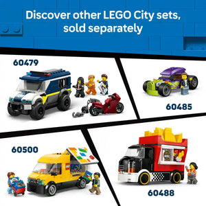 LEGO City 60486 Electric Supercar set featuring lime green and purple race car with minifigures, displayed alongside other LEGO City vehicle sets including police van 60479, hot rod 60485, food truck 60500, and fire truck 60488 on blue brick background