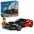LEGO City EV Supercar set 60486 featuring a black and red electric sports car with opening doors, a minifigure driver in brown jacket, blue packaging box showing cityscape background, 109 pieces, recommended age 5+