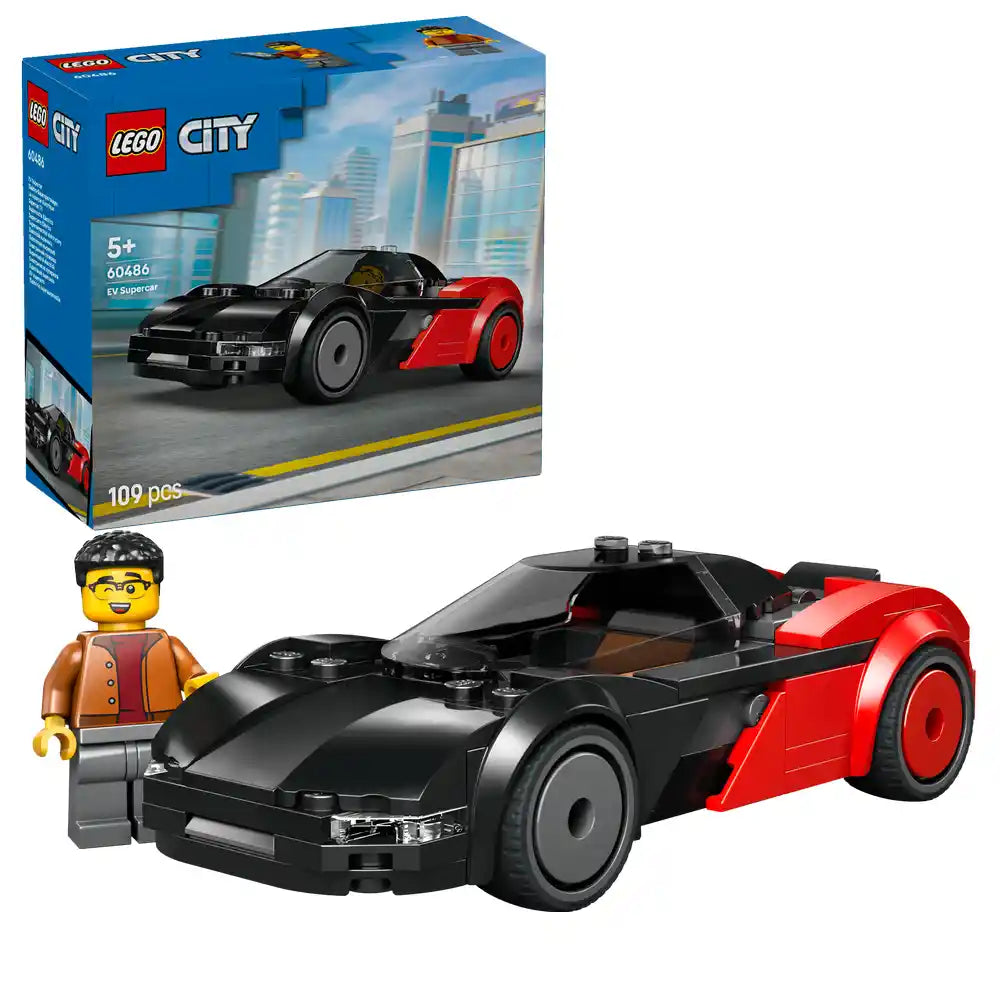 LEGO City EV Supercar set 60486 featuring a black and red electric sports car with opening doors, a minifigure driver in brown jacket, blue packaging box showing cityscape background, 109 pieces, recommended age 5+