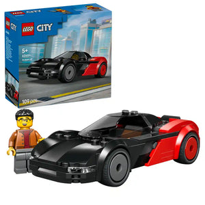 LEGO City EV Supercar set 60486 featuring a black and red electric sports car with opening doors, a minifigure driver in brown jacket, blue packaging box showing cityscape background, 109 pieces, recommended age 5+