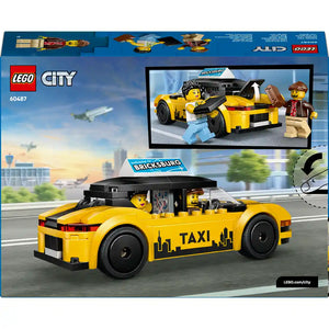 LEGO City Yellow Taxi set 60487 featuring a bright yellow taxi car with black details and "TAXI" text, including minifigures of a taxi driver and passenger, displayed against a cityscape background with Bricksburg sign