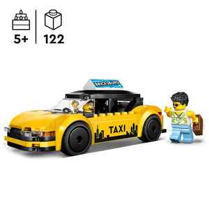 LEGO Bricksburg yellow taxi set 60487 featuring a bright yellow buildable taxi car with black roof sign, black wheels, and a minifigure taxi driver with brown bag, displayed against white background with age rating 5+ and 122 piece count