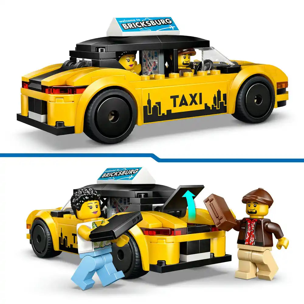 LEGO yellow taxi set 60487 featuring bright yellow brick-built taxi car with black roof and "Welcome to Bricksburg" sign, including two minifigures and opening trunk with brown suitcase, shown from two angles displaying build and play features