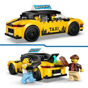 LEGO yellow taxi set 60487 featuring bright yellow brick-built taxi car with black roof and "Welcome to Bricksburg" sign, including two minifigures and opening trunk with brown suitcase, shown from two angles displaying build and play features