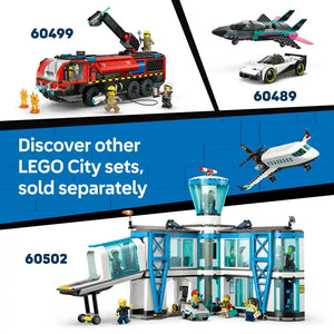LEGO City Yellow Taxi set 60487 with yellow and black taxi vehicle, minifigures, and street accessories displayed alongside other LEGO City sets including fire truck 60499, sports car and jet 60489, and airport terminal 60502